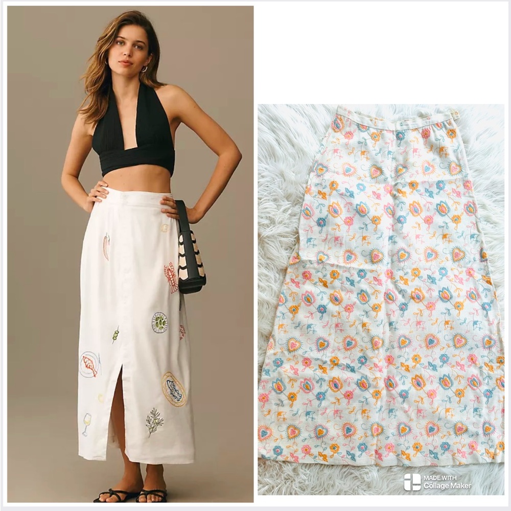 Anthropologie White Maxi Skirt with Multicolor Floral & Heart Embroidery